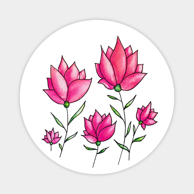 Pink Flowers Ink Watercolor Magnet by Boriana Giormova